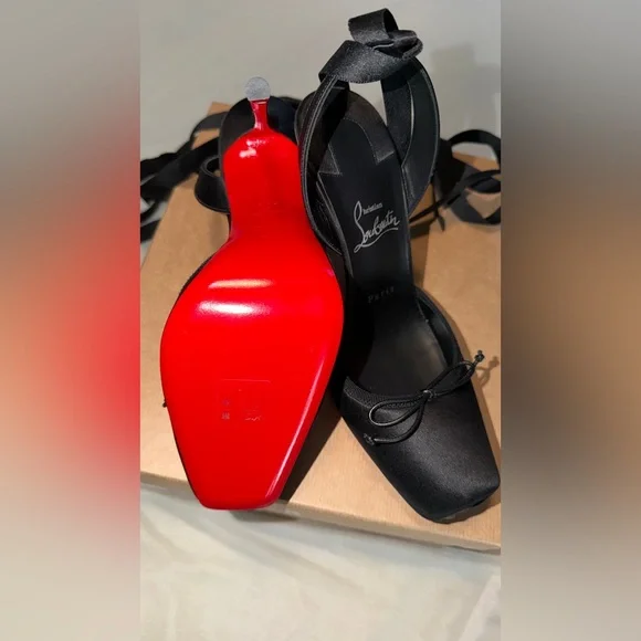 Christian Louboutin Cassis Lace-Up Black Satin Pumps - Picture 3 of 9